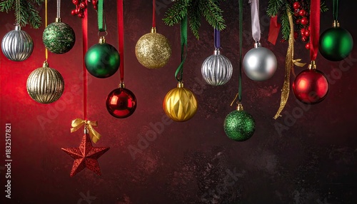 Festive Christmas ornaments in red green gold and silver hanging from a fir branch.