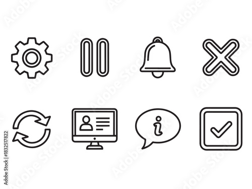 Subscription Management set of icons in doodle hand-drawn vector style: gear settings, pause button, cancel cross, reminder bell, auto-renew loop, account dashboard, info bubble,