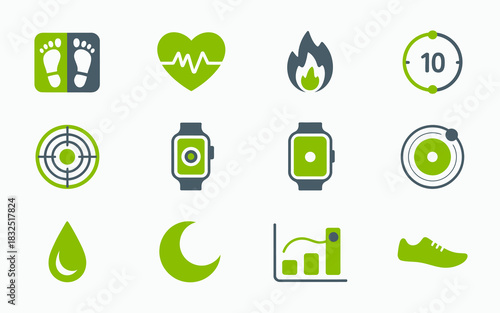 Modern health and fitness tracking icons set, a comprehensive collection of wellness symbols for digital apps and smart devices