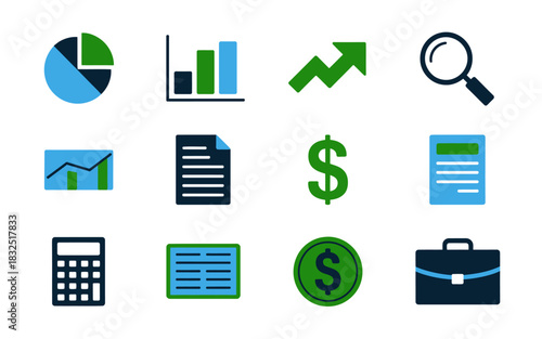 Comprehensive collection of business and finance icons: charts, graphs, money, documents, calculator, briefcase, and search tool for analytics and growth