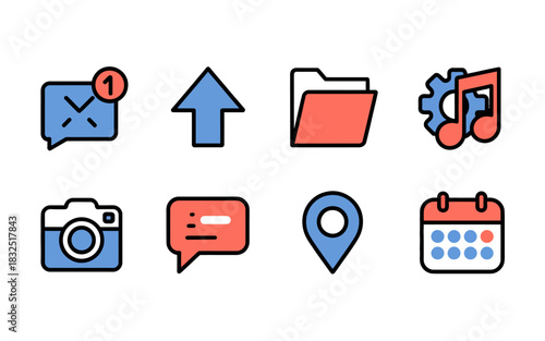 Modern flat design digital icons set featuring message, upload, folder, music settings, camera, chat, location, and calendar.