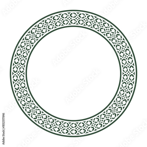 Vector round frame with arabesques and floral patterns. Egyptian, Assyrian, and Cairo motifs. Patterns of Greece and ancient Rome. Circle european border. Round antique border from Greek. 