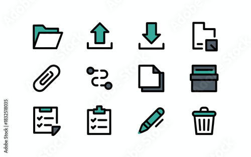 Collection of file management and office task icons including folder, upload, download, document, paperclip, and trash
