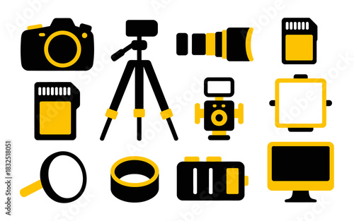 Flat design icons set of photography and videography equipment including camera, tripod, lens, flash, and accessories