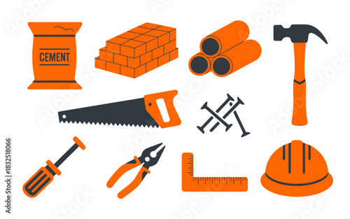 Building construction vector set: essential tools, materials, and safety equipment like hard hat, hammer, saw, cement, bricks, pipes.