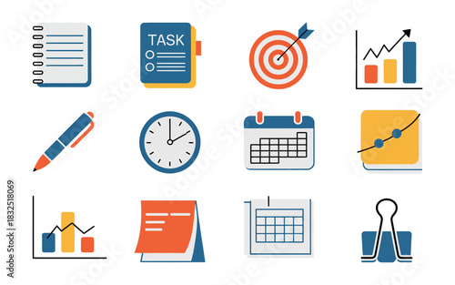 Business and office management icons set featuring planning, data analysis, task tracking, and time organization tools