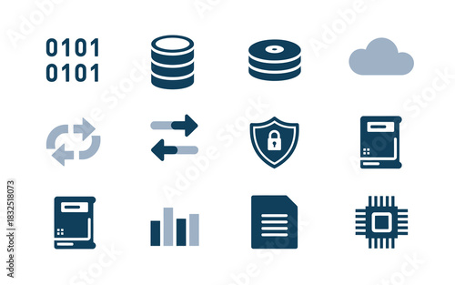 Digital data technology icons collection: binary code, database, cloud, security shield, server, data transfer, microchip.