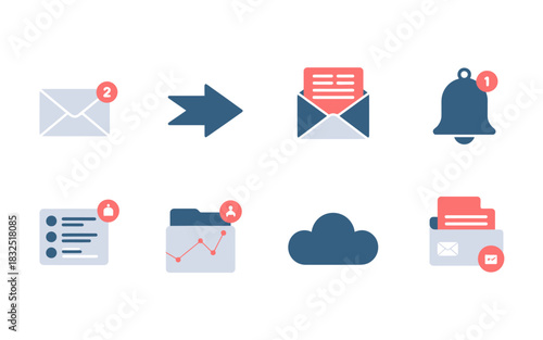 Digital communication, data management, and user interface icons set. concepts for email, notifications, cloud storage, and analytics.