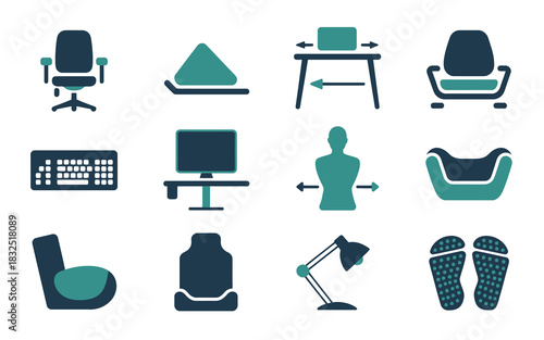 Ergonomic workplace icons for comfort and health: adjustable chair, standing desk, monitor arm, and posture supports