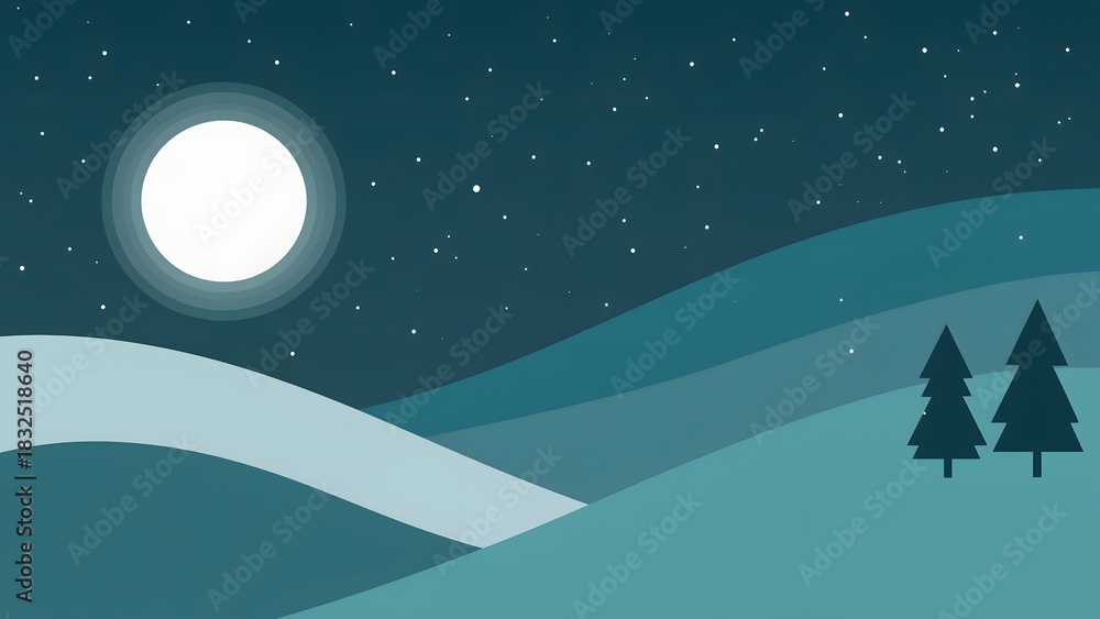 Fototapeta premium Abstract Snowy Night Landscape with Moon and Stars