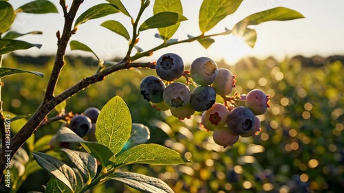 Blueberries ripening on bush in golden sunlight agricultural harvest field