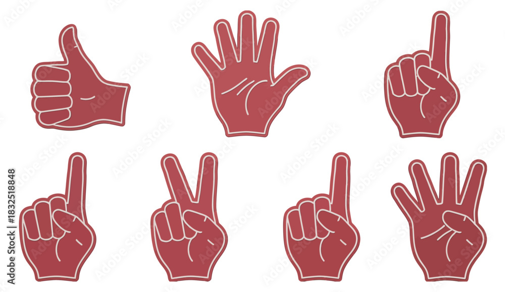 Obraz premium Red Foam Hand Gestures. Vector Art of Various Finger Counts and Thumbs Up.