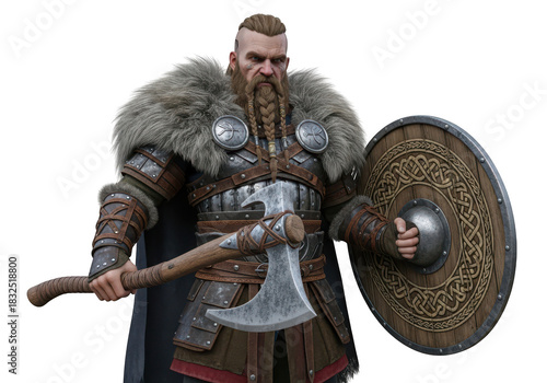 Fierce viking warrior with axe and shield, isolated on white background isolated on transparent background