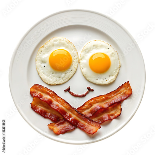 Smiling face made of fried eggs and bacon on a white plate, isolated on white background