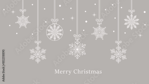 Merry Christmas luxury silver card template vector; Elegant winter holiday decoration line art banner; Horizontal grey background
