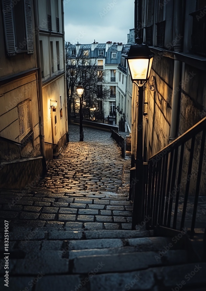 Fototapeta premium Cobblestone Parisian Steps at Dusk