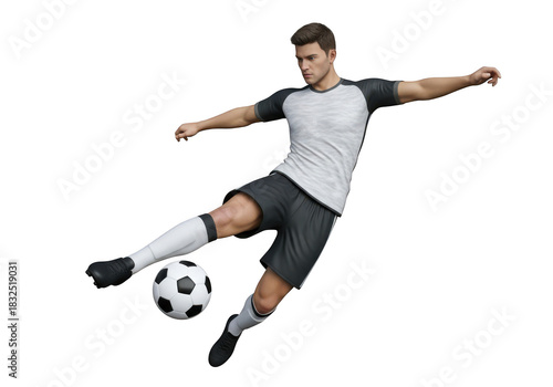 Athlete kicking soccer ball with powerful motion and athletic build isolated isolated on transparent background
