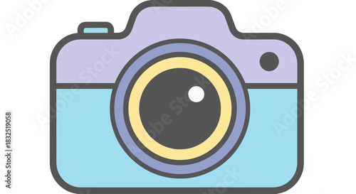 Illustration of a pastel-colored camera with a large lens and simple design.