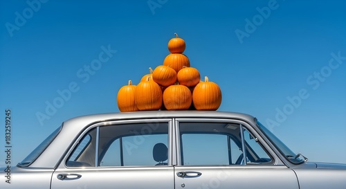 A stack of bright orange pumpkins artfully arranged atop a vintage car against a clear blue sky