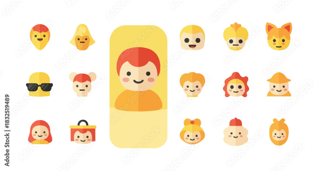 Fototapeta premium A collection of diverse, cute, flat-design cartoon avatars and faces with various expressions and features on a white background.