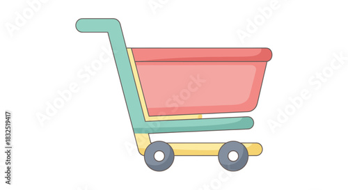 Cartoon illustration of a colorful empty shopping cart on a white background.