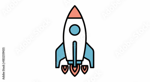 Stylized cartoon rocket ship launching into space with flames from its engines on a white background.