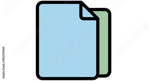 Illustration of two sheets of paper, one light blue and one green, stacked with a curled corner.