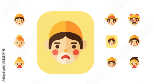 A collection of flat design illustrations featuring various sad-faced characters with different hats.