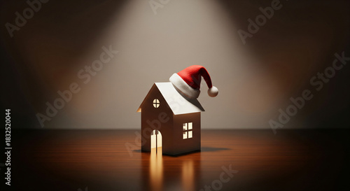 Wooden house with Santa hat on brown wooden table. Christmas. Real estate agent, broker or agent. Construction. Holiday decoration. Seasonal sale. Mortgage. Home loan.