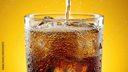 Wallpaper Mural Glass Full of Cola Fizzy Drink with Ice Cubes, A Cold Sparkling Soda Presented on a Vibrant Yellow Background. Torontodigital.ca