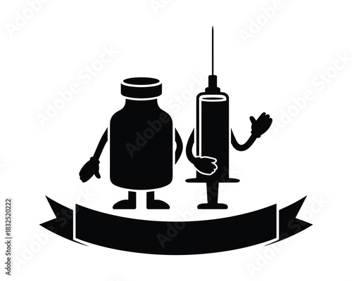 Cartoon medical vial and syringe with waving hands and banner