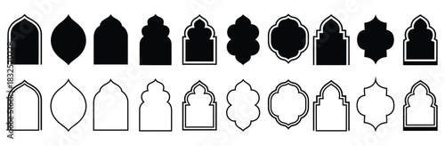 Elegant islamic window shapes  silhouette set,Arabic arch vector shape of a window or door arch.Islamic frame set.Ramadan kareem silhouette icon.Collection of patterns in oriental style

