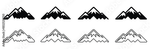 Mountain icon set for outdoor adventure design projects,Mountains icon vector set. Set of mountains icons isolated,Mountains icon vector set. Hike, travel illustration sign collection.