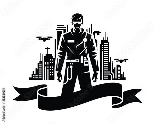 Man in uniform with drones and city skyline 