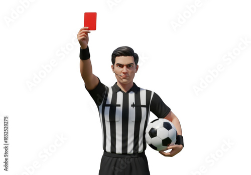 Soccer referee holding red card and ball, disciplinary action, game control, foul, judgment isolated on transparent background