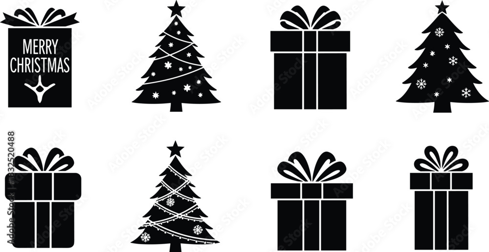 Fototapeta premium Christmas silhouette clipart, festive gift boxes, decorated trees, Merry Christmas text, holiday vector design, black graphic elements, seasonal icons