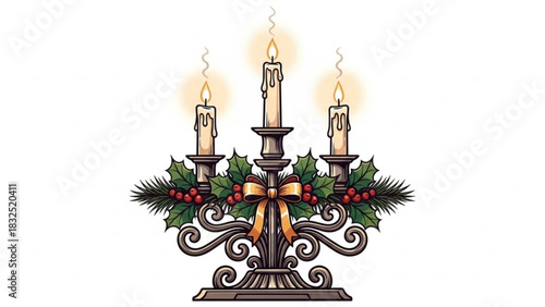 Elegant candelabra with three lit candles adorned with festive holly berries and pine sprigs tied with a golden bow