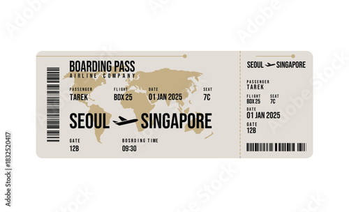 Boarding Pass with Barcode Showing Flight from Seoul to Singapore on White