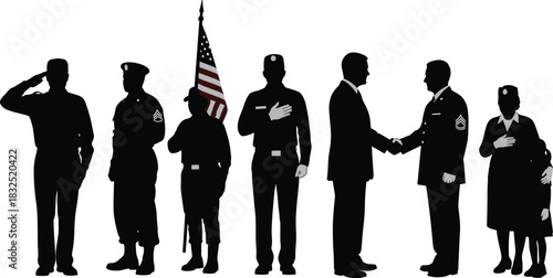 Military tribute silhouettes, patriotic icons, salute, flag bearer, handshake, family support, black vector design, veteran honor