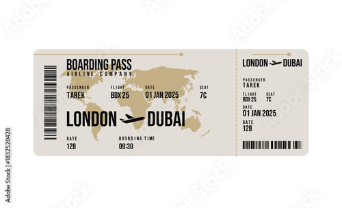 Detailed Airline Boarding Pass Showing Route from London to Dubai on White