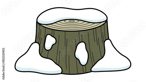 A charming cartoon illustration of a tree stump covered in fresh snow showcasing its textured bark and visible growth rings