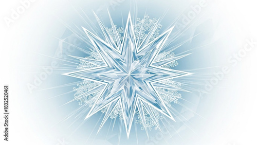 A shimmering crystalline starburst design with intricate snowflake patterns and radiating light effects on a soft blue background