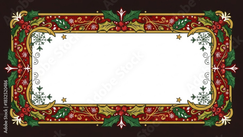 Elegant christmas border with holly berries and snowflakes for festive greetings and decorations