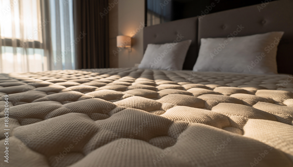 Obraz premium Close up of a quilted mattress topper with sunlight streaming through a window bedding bedroom
