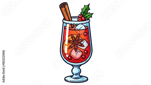 Festive christmas mulled wine cocktail with cinnamon stick and holly garnish