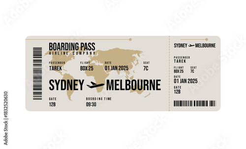 Canvas Print Isolated Beige Boarding Pass with Destinations Sydney to Melbourne