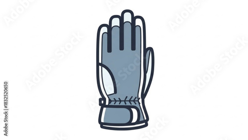 Stylized illustration of a single grey winter glove with dark blue fingers and a velcro strap on a white background
