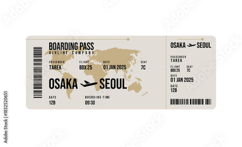Modern Flight Boarding Pass With Flight Details On White Background. Osaka To Seoul