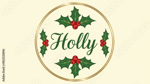Elegant circular design featuring the word holly surrounded by festive holly sprigs and berries on a creamy background