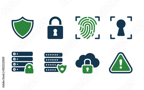 Cybersecurity and digital data protection vector icon set: shield, padlock, fingerprint, keyhole, server, cloud, alert.